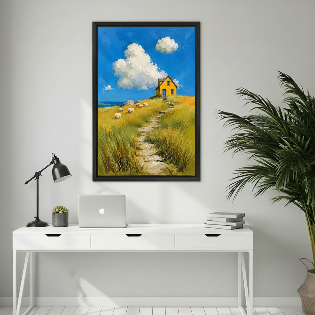 Framed coastal cottage canvas wall art bringing cheerful landscape color to a bright home office.