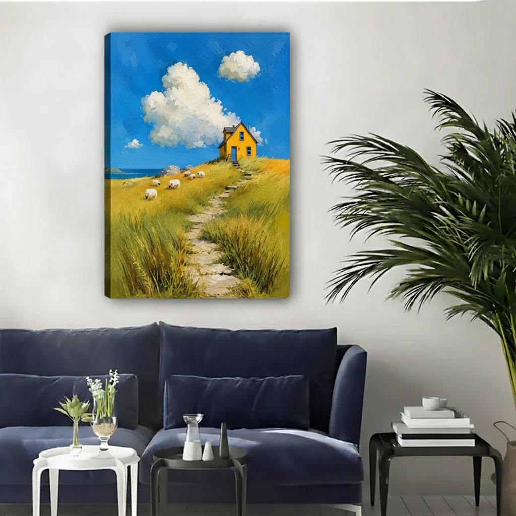 Gallery-wrap coastal cottage canvas wall art featuring a yellow house and sheep above a blue sofa.