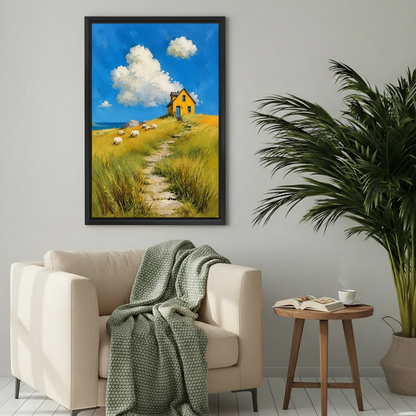  Framed coastal cottage canvas wall art displayed above a cozy cream chair in a reading corner.