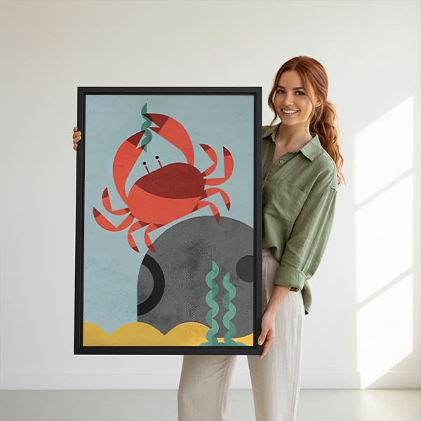 Gallery-wrapped coastal crab canvas wall art showing a red crab on a gray rock beside green plants.