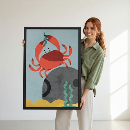 Gallery-wrapped coastal crab canvas wall art showing a red crab on a gray rock beside green plants.