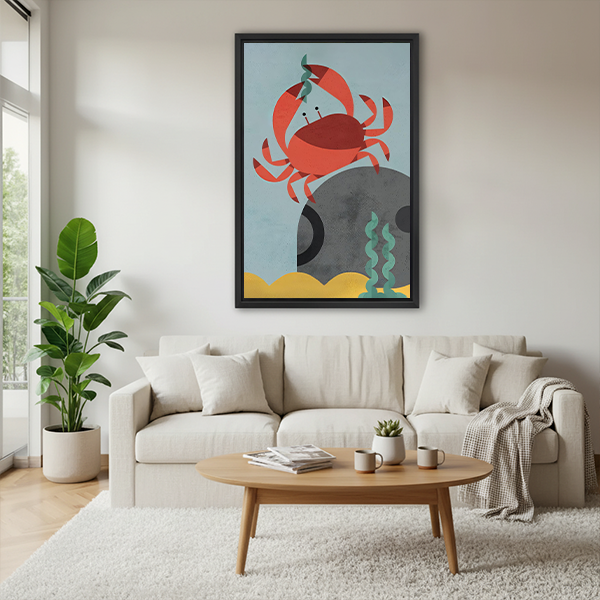Framed red crab canvas wall art beside a rattan headboard with terracotta bedding in a green bedroom.