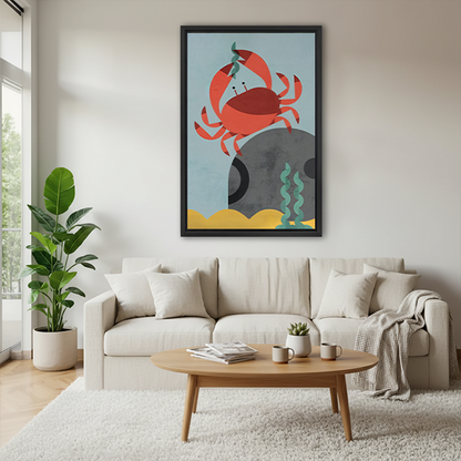 Framed red crab canvas wall art beside a rattan headboard with terracotta bedding in a green bedroom.