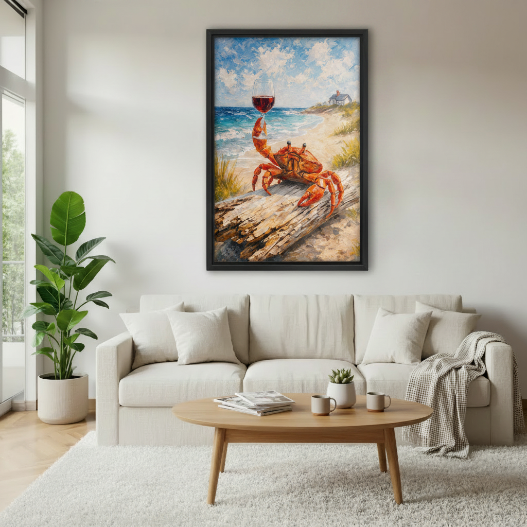  Impressionist coastal crab canvas wall art above a cream sofa, styled with a wood coffee table and cozy decor.