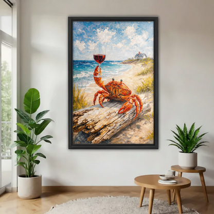  Impressionist coastal crab canvas wall art in a bright living room with plants, a coffee table, and soft natural light.
