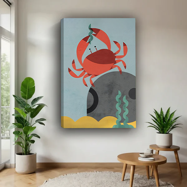 Woman holding black-framed coastal crab canvas wall art featuring a red crab, gray rock, and green seaweed.