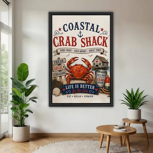 Vintage coastal crab shack canvas wall art in gallery-wrap format displayed between potted plants above round wooden tables.