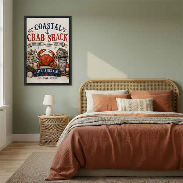 Vintage coastal crab shack canvas wall art in a black frame beside a rattan bed with terracotta bedding.