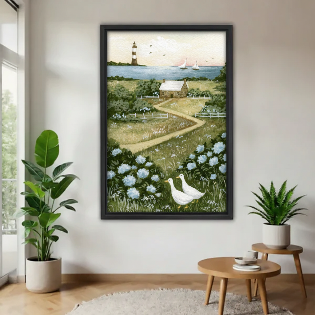 Coastal lighthouse goose canvas wall art displayed in a black frame against a bright wall.
