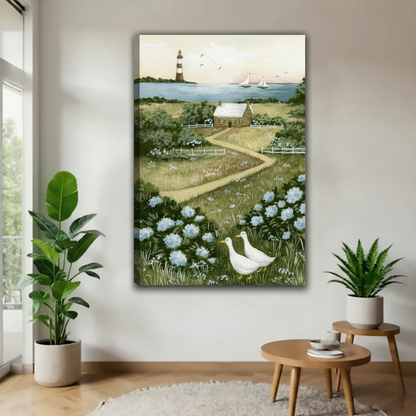 Coastal lighthouse goose canvas wall art displayed as a gallery-wrap canvas in a bright living room.
