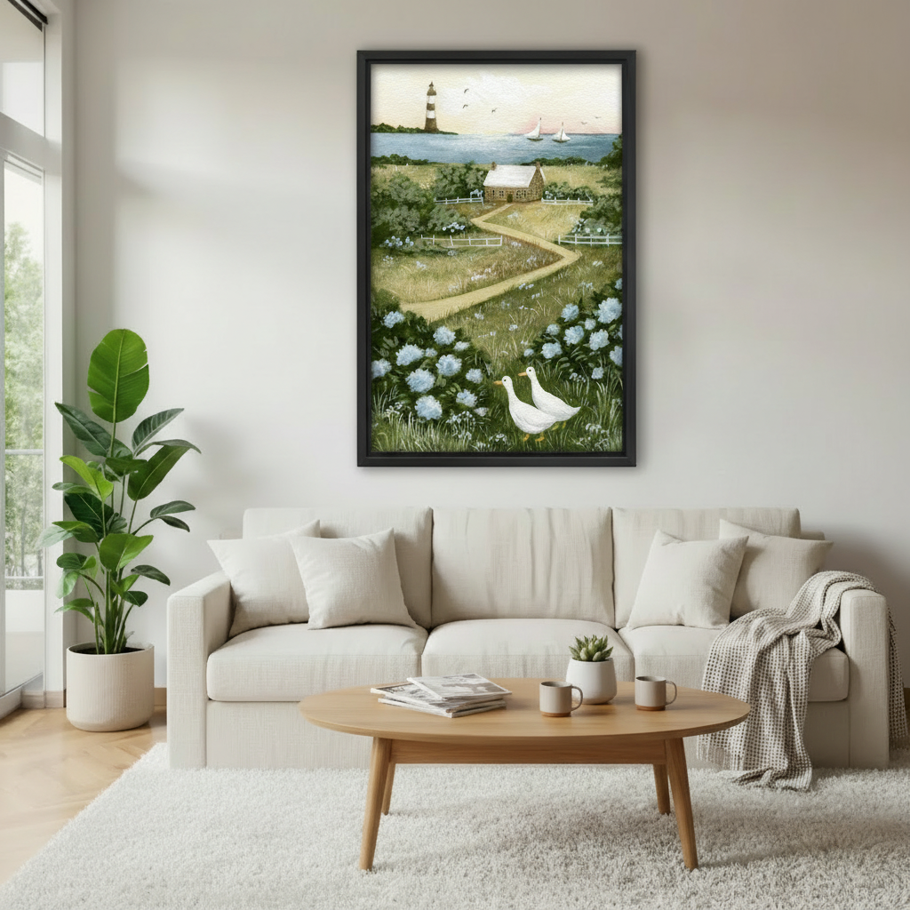 Framed coastal lighthouse goose canvas wall art displayed above a neutral sofa in a modern living room.