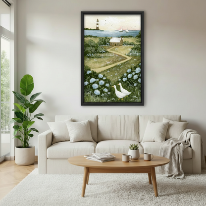 Framed coastal lighthouse goose canvas wall art displayed above a neutral sofa in a modern living room.