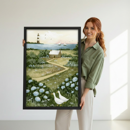 Framed coastal lighthouse goose canvas wall art held by a woman to show its scale.