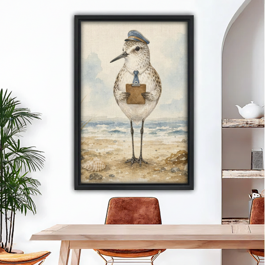 Framed coastal sandpiper watercolor wall art displayed above dining table in modern interior