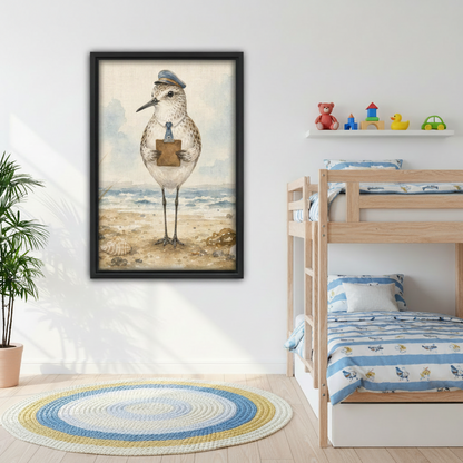 Whimsical watercolor shorebird framed print in children's bedroom, coastal nursery wall decor