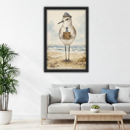 Nautical sandpiper framed canvas wall art above sofa in bright coastal living room