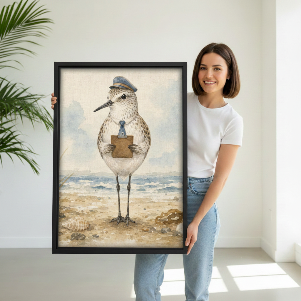 Woman holding large framed sandpiper watercolor canvas print, coastal beach bird wall art