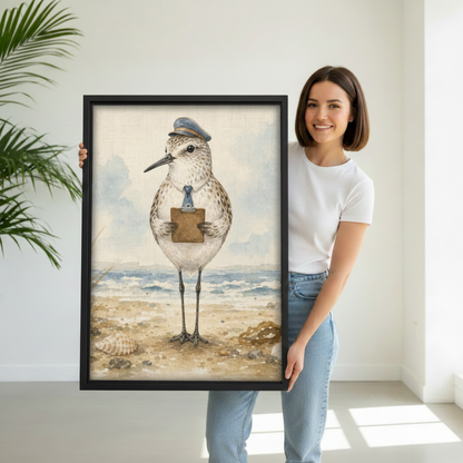 Woman holding large framed sandpiper watercolor canvas print, coastal beach bird wall art