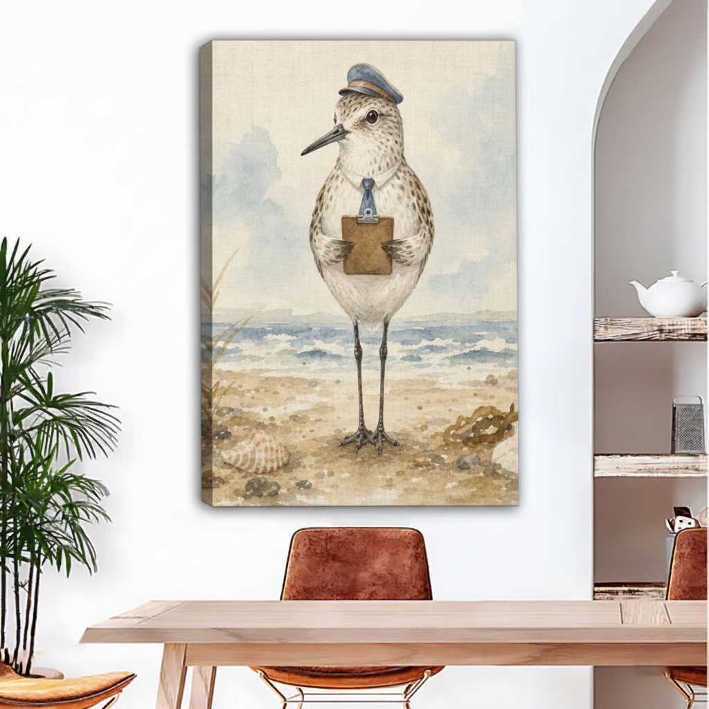 Watercolor coastal sandpiper bird canvas print, unframed wall art for beach home decor