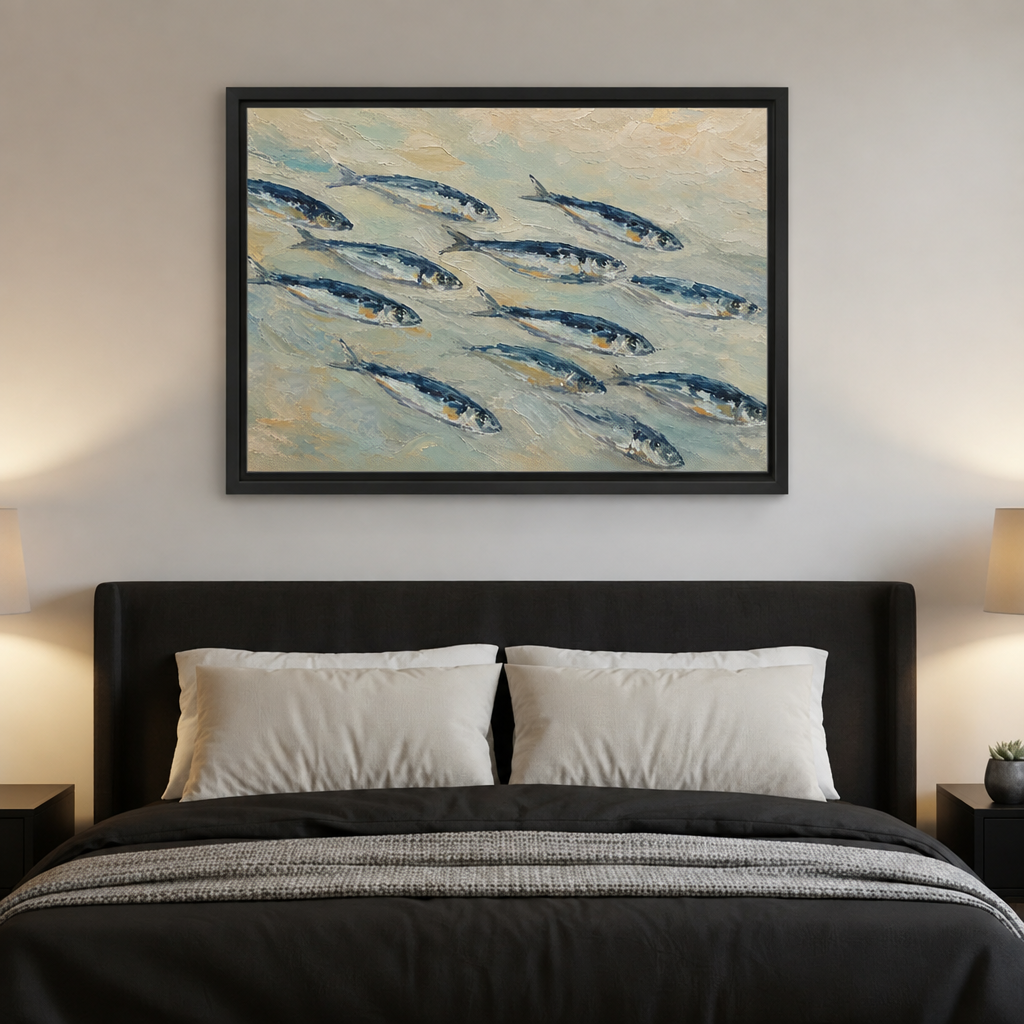  Framed coastal school of fish canvas wall art displayed above a dark bed in a bedroom.