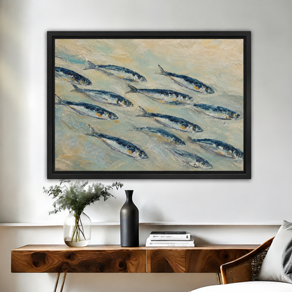 Framed coastal school of fish canvas wall art hanging above a wooden console with vases.