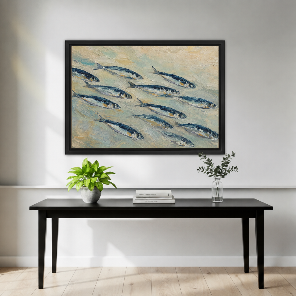 Framed coastal school of fish canvas wall art hanging above a black entryway table.