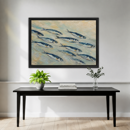 Framed coastal school of fish canvas wall art hanging above a black entryway table.