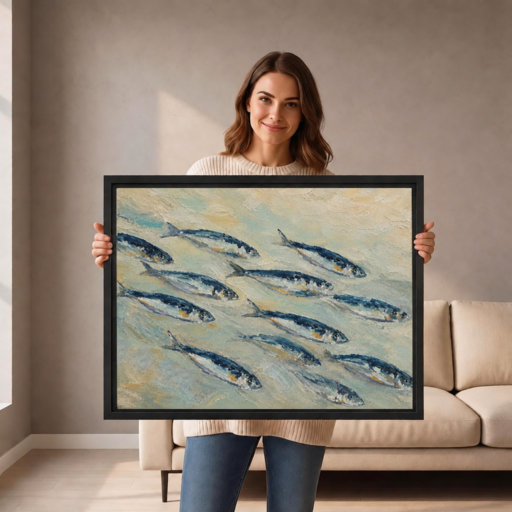 Woman holding framed coastal school of fish canvas wall art in soft blue and sandy tones.