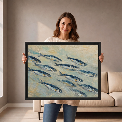Woman holding framed coastal school of fish canvas wall art in soft blue and sandy tones.