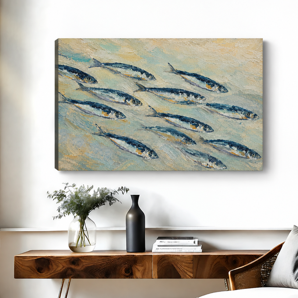 Gallery-wrap coastal school of fish canvas wall art above a console, with the wrapped side edge visible.