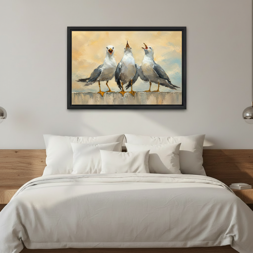 Coastal seagull framed canvas print in bedroom scene, bold oil painting bird wall art with warm golden tones above bed