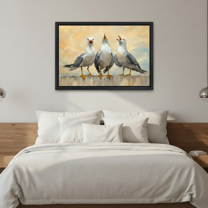 Coastal seagull framed canvas print in bedroom scene, bold oil painting bird wall art with warm golden tones above bed