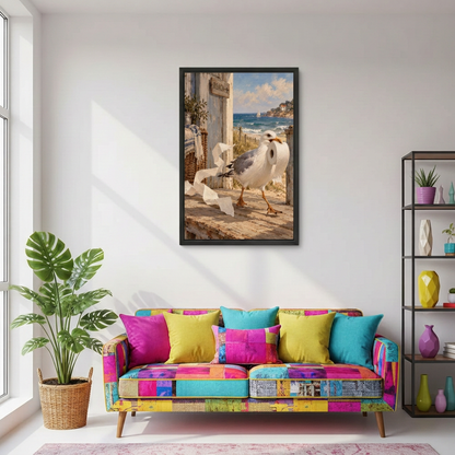 Black-framed coastal seagull wall art displayed above a colorful patchwork sofa in a sunlit living room.