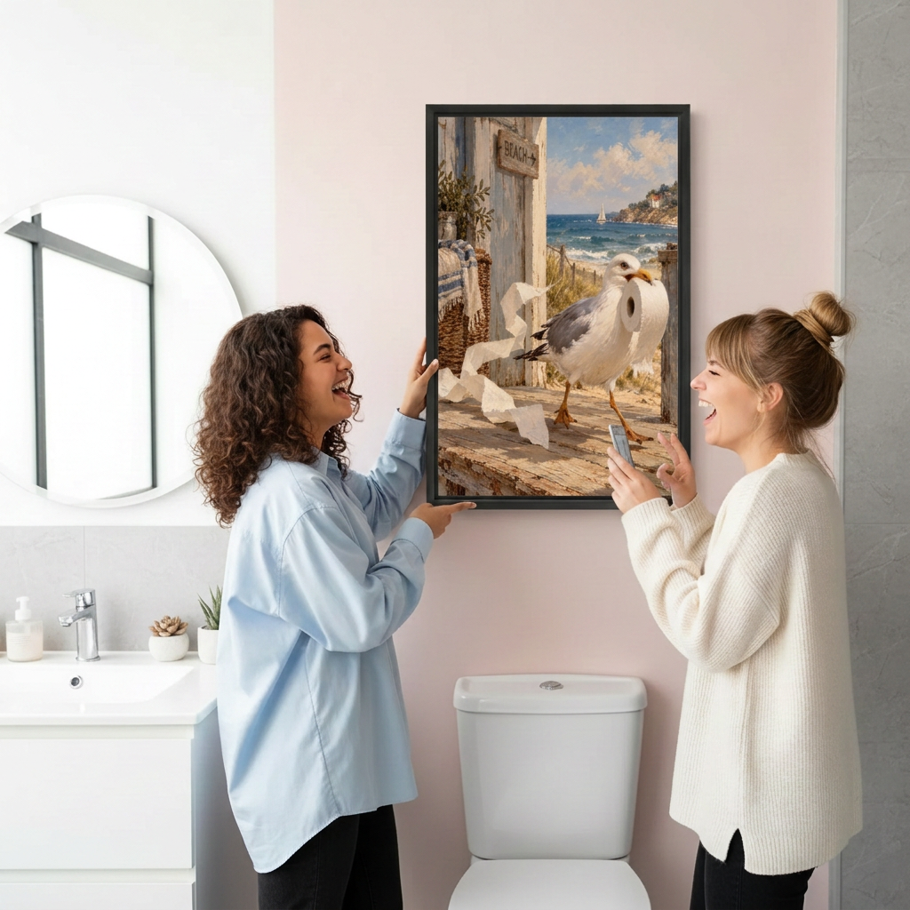Two women laughing beside black-framed coastal seagull wall art featuring a bird carrying toilet paper.