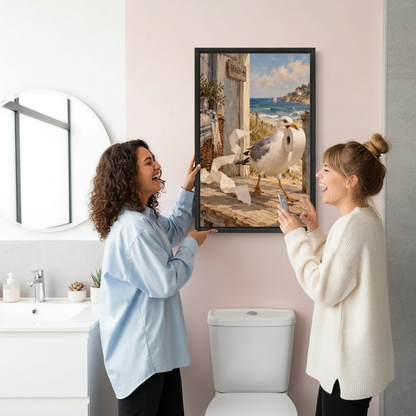 Two women laughing beside black-framed coastal seagull wall art featuring a bird carrying toilet paper.