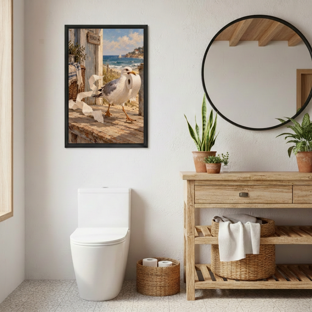  Coastal seagull wall art in a black frame above a toilet beside a wooden vanity and round mirror.
