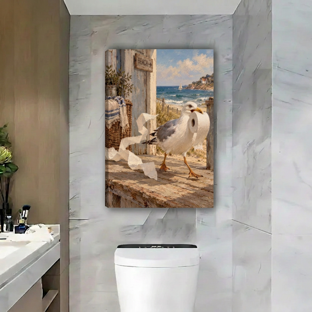 Unframed coastal seagull wall art showing a bird carrying toilet paper, displayed above a toilet against gray marble.