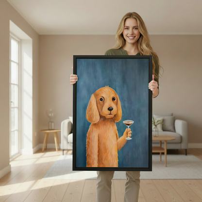 Woman holding a large framed whimsical cocker spaniel espresso martini canvas print showing size in a bright living room