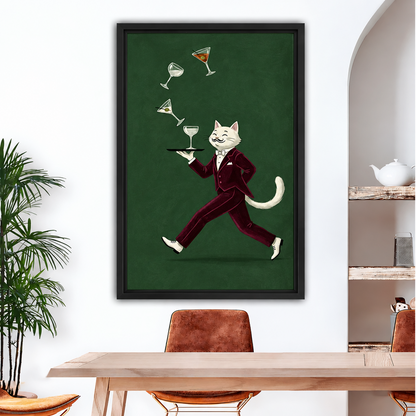 Framed cocktail waiter cat canvas wall art above a dining table, showing a suited white cat with floating drinks.