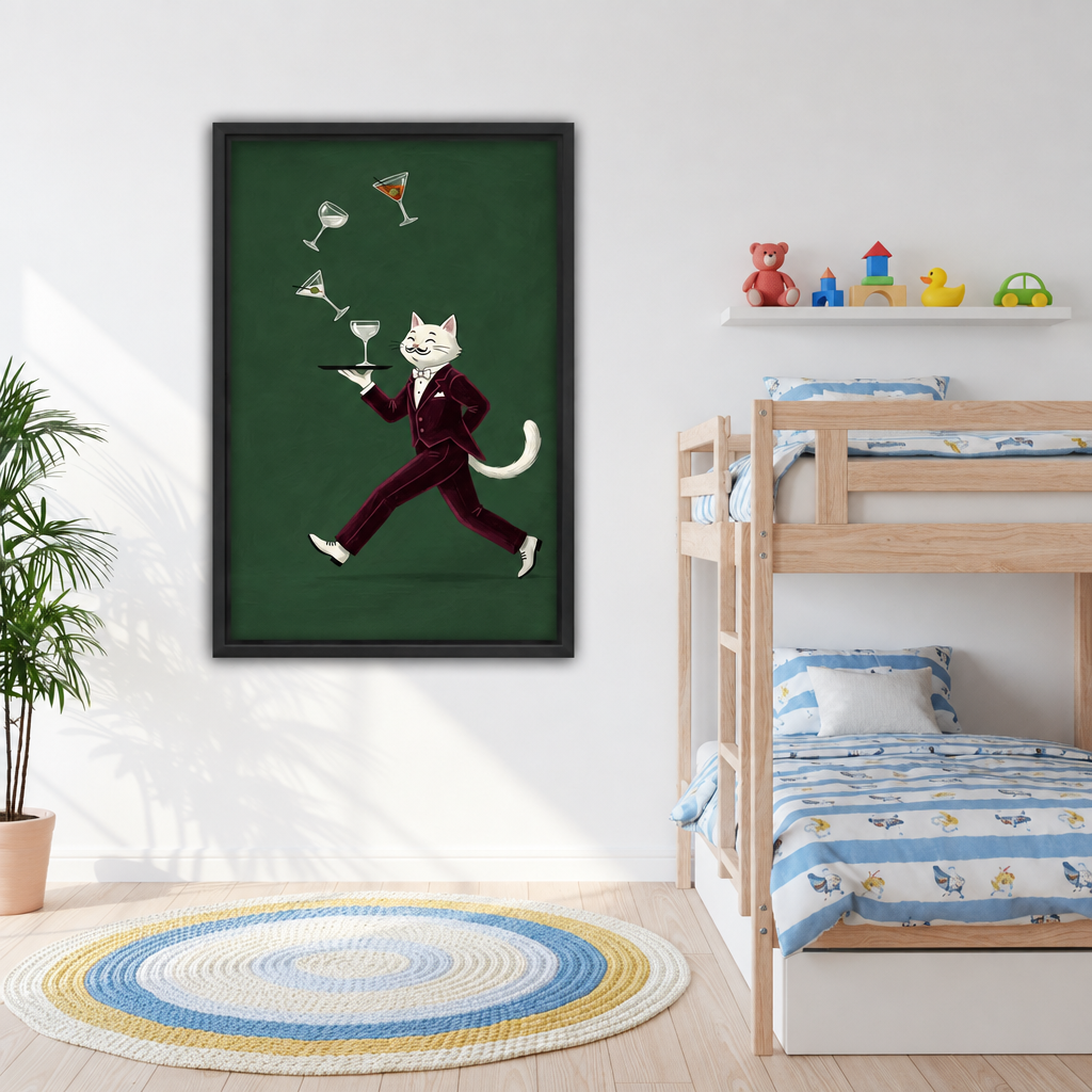  Framed cocktail waiter cat canvas wall art displayed beside a wooden bunk bed in a child's room.
