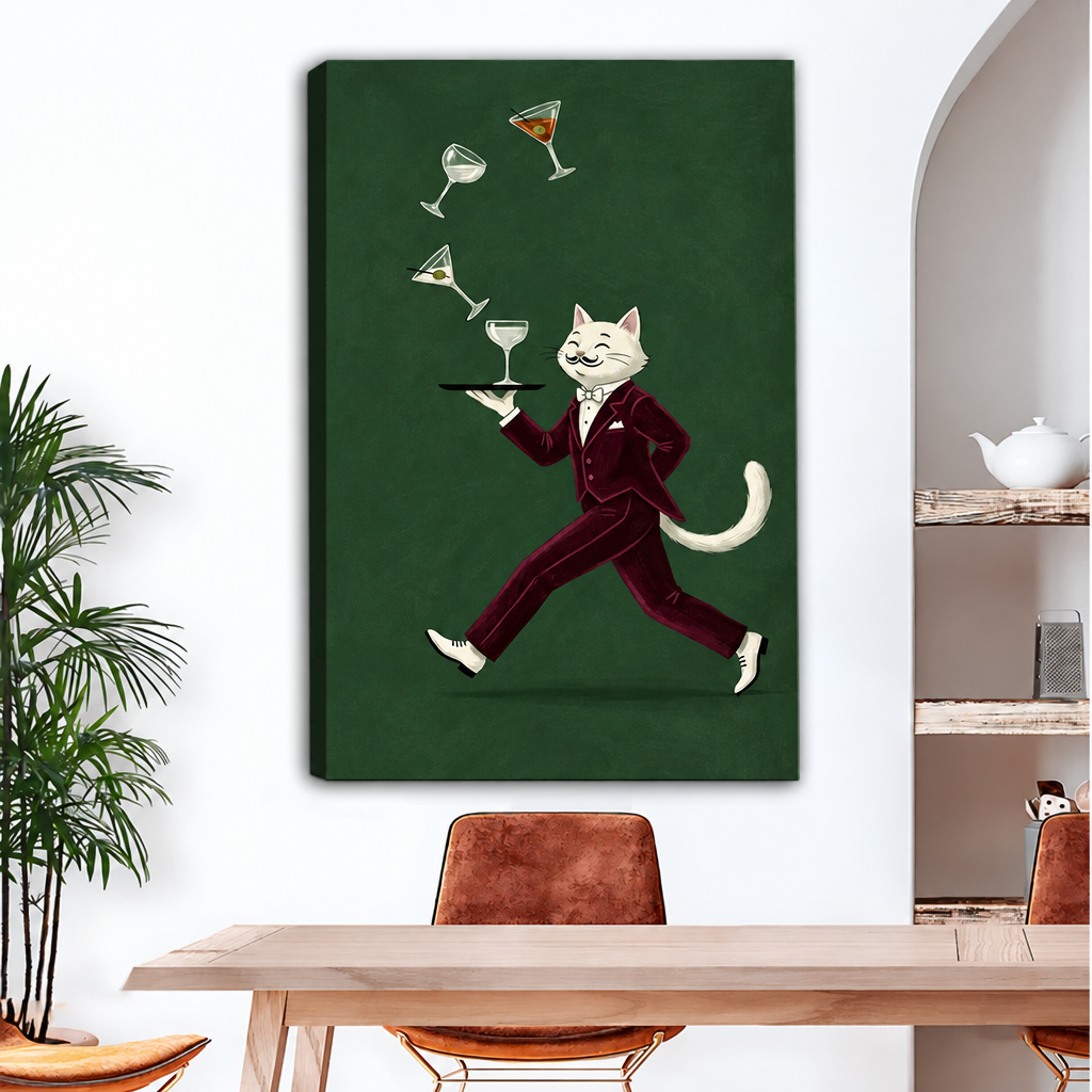 Gallery-wrap cocktail waiter cat canvas wall art displayed in a dining room, with the wrapped side edge visible.
