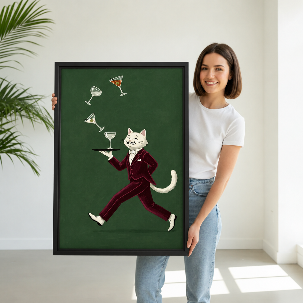 Woman holding framed cocktail waiter cat canvas wall art featuring a white cat in a burgundy suit.