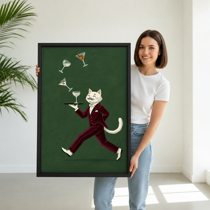 Woman holding framed cocktail waiter cat canvas wall art featuring a white cat in a burgundy suit.