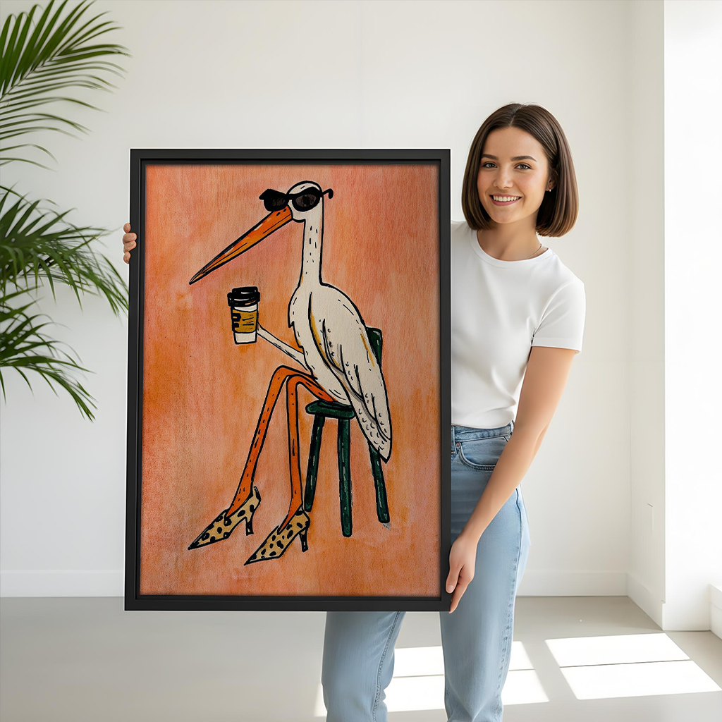 Gallery-wrap coffee bird canvas wall art showing a stylish white bird on a green stool above a dining table.