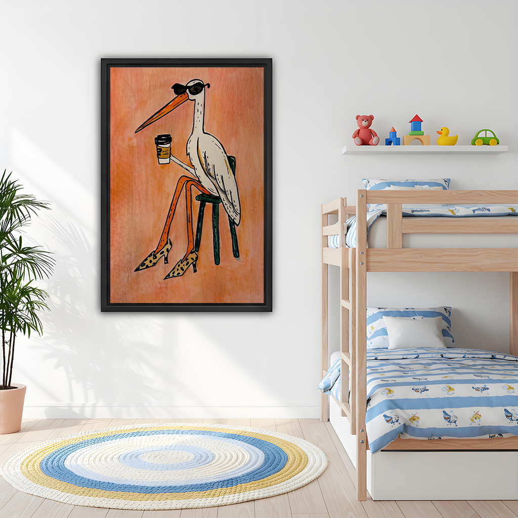 Coffee bird canvas wall art in a black frame beside wooden bunk beds and a shelf of toys.