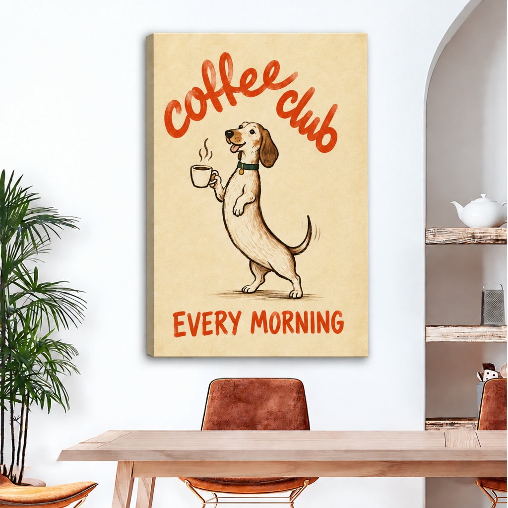 Unframed Coffee Club dog canvas wall art with visible wrapped edges hanging above a wooden dining table.