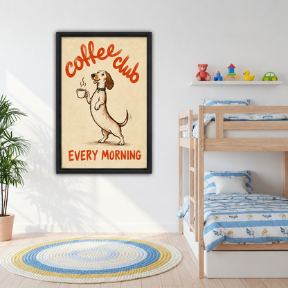 Black-framed Coffee Club dog canvas wall art beside wooden bunk beds and a colorful toy shelf.