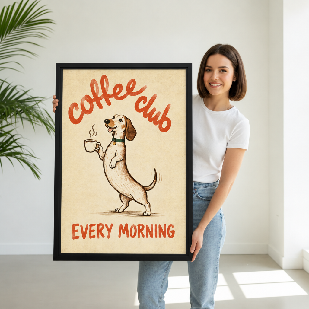 Woman holding black-framed Coffee Club dog canvas wall art featuring a cheerful dog with a steaming cup.