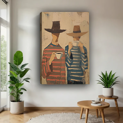 Black-framed coffee companions canvas wall art with rust and blue stripes above a cream living room sofa.