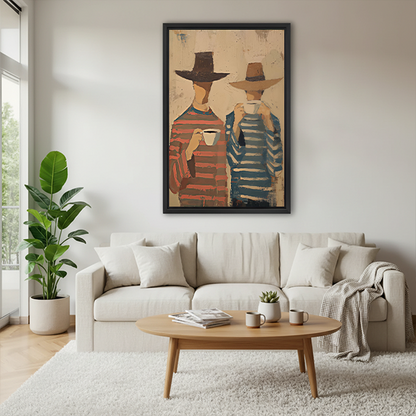Gallery-wrap coffee companions canvas wall art with a textured beige background displayed beside plants in a bright room.